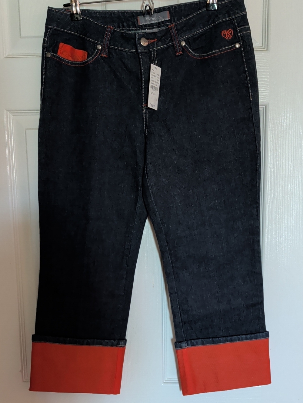Black Denim Capri Jeans with Orange Cuffs